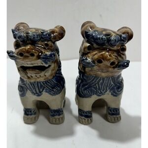 Vintage Japanese Foo Dogs Ceramic Pair Blue 6 Inch Figurine